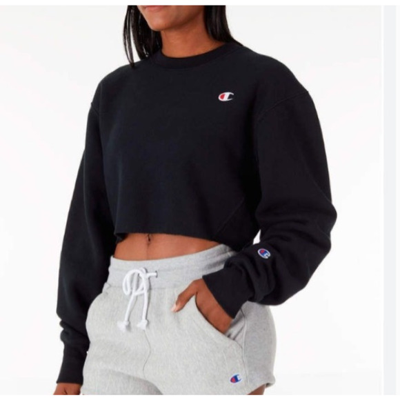 CHAMPION Reverse Weave Cropped Long Sleeve Sweatshirt Navy Blue Size S - Picture 1 of 8